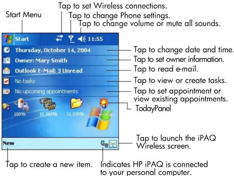 Start Menu Tap to set Wireless connections. Tap to change Phone settings. Tap to change volume or mute all sounds. Start 11:55 Thursday, October 14, 2004 Owner: Mary Smith Outlook E-Mail: 3 Unread No tasks No upcoming appointments 100% 16.96MB 31.93MB New Tap to create a new item. Indicates HP iPAQ is connected to your personal computer. Tap to change date and time. Tap to set owner information. Tap to read e-mail. Tap to view or create tasks. Tap to set appointment or view existing appointments. TodayPanel Tap to launch the iPAQ Wireless screen.