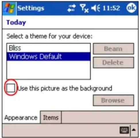 Settings 11:52 ok Today Select a theme for your device: Bliss Windows Default Beam Delete Use this picture as the background Browse Appearance Items