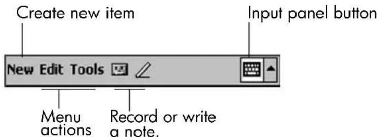 Create new item New Edit Tools Menu actions Record or write a note. Input panel button