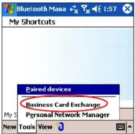 Bluetooth Mana 1:57 My Shortcuts Paired devices Business Card Exchange Personal Network Manager New Tools View