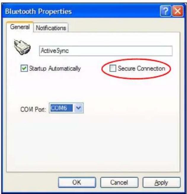 Bluetooth Properties General Notifications ActiveSync Startup Automatically Secure Connection COM Port: COM6 OK Cancel Apply