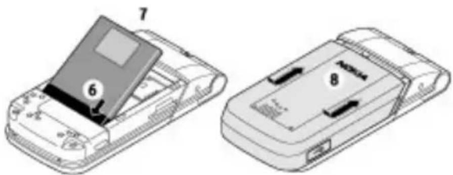 Technical diagram showing two views of a mobile phone with labeled parts 6 and 7, likely illustrating device status or installation.