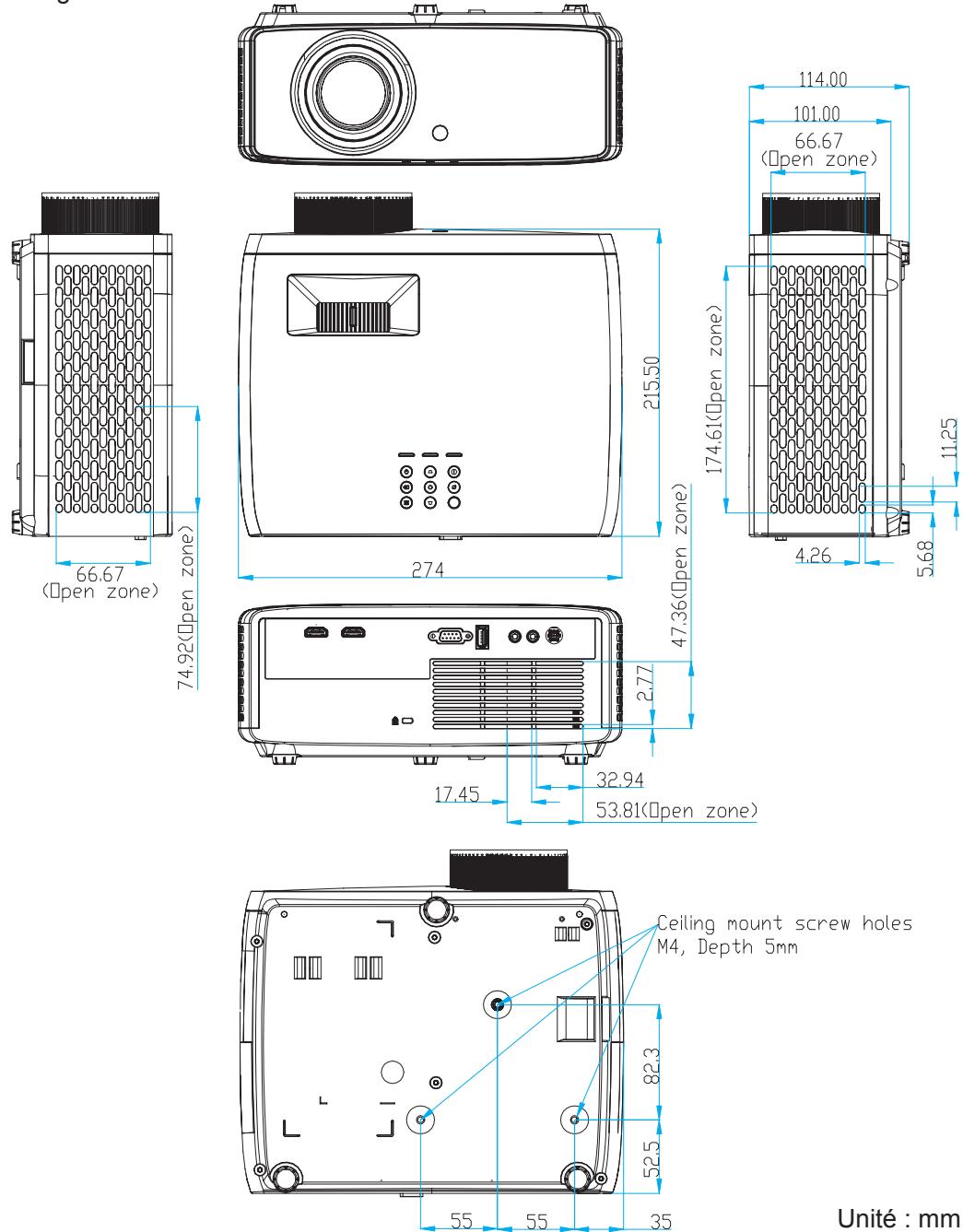 OPTOMA Photon Beam PK52 - Dimensions du projecteur et installation au plafond - 1