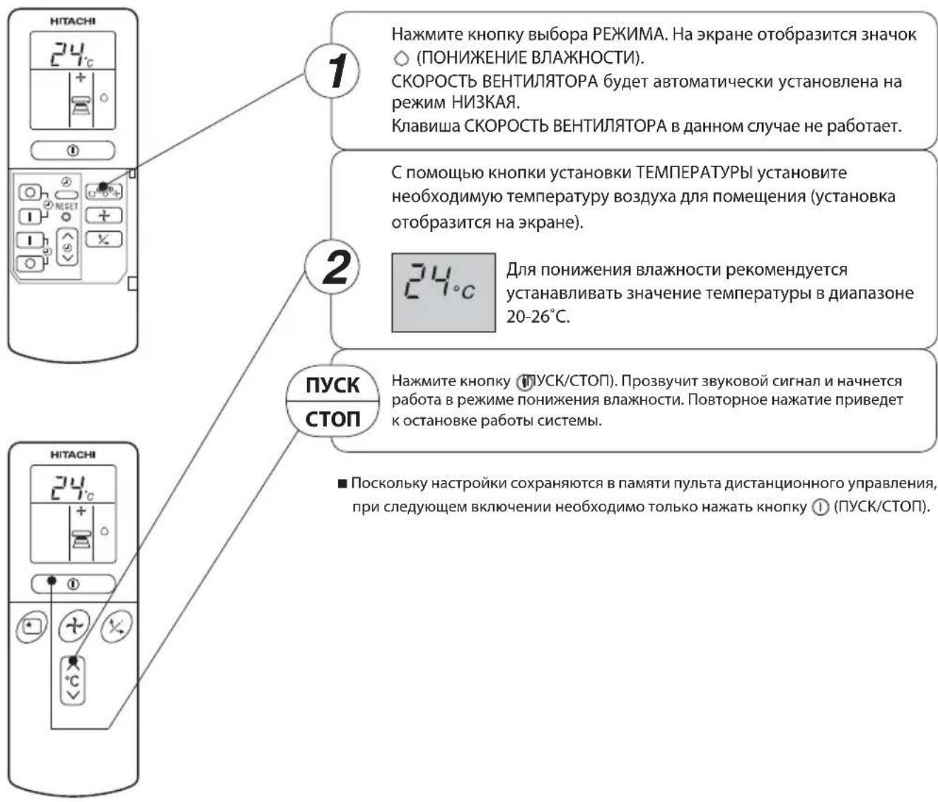 HITACHI 24°C ① Нажмите кнопку выбора РЕЖИМА. На экране отобразится значок ○ (ПОНИЖЕНИЕ ВЛАЖНОСТИ). СКОРОСТЬ ВЕНТИЛЯТОРА будет автоматически установлена на режим НИЗКАЯ. Клавиша СКОРОСТЬ ВЕНТИЛЯТОРА в данном случае не работает. 1 С помощью кнопки установки ТЕМПЕРАТУРЫ установите необходимую температуру воздуха для помещения (установка отобразится на экране). 2 Для понижения влажности рекомендуется устанавливать значение температуры в диапазоне 20-26°C. ПУСК /СТОП Нажмите кнопку (ПУСК/СТОП). Прозвучит звуковой сигнал и начнется работа в режиме понижения влажности. Повторное нажатие приведет к остановке работы системы. ■ Поскольку настройки сохраняются в памяти пульта дистанционного управления, при следующем включении необходимо только нажать кнопку ① (ПУСК/СТОП).