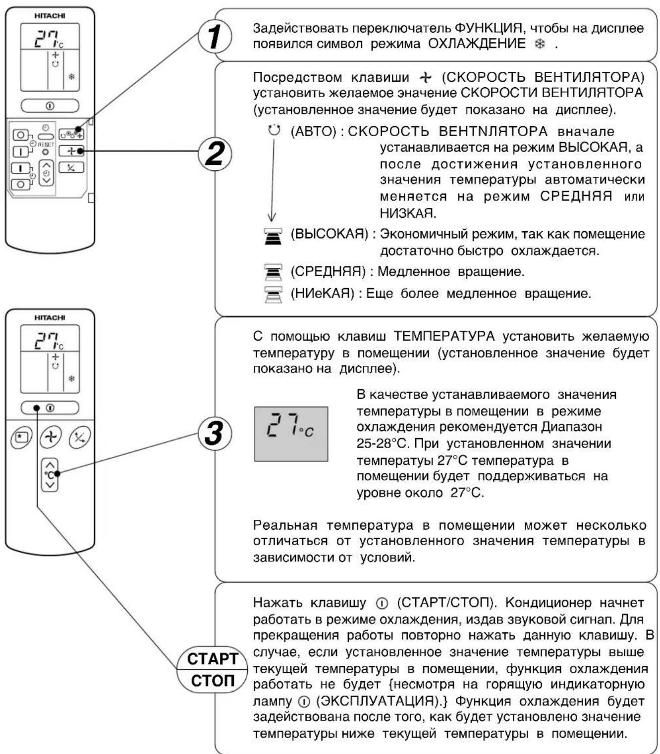 НИТАСНИ 27°C + * ① ② Задействовать переключатель ФУНКЦИЯ, чтобы на дисплее появился символ режима ОХЛАЖДЕНИЕ * Посредством клавиши + (СКОРОСТЬ ВЕНТИЛЯТОРА) установить желаемое значение СКОРОСТИ ВЕНТИЛЯТОРА (установленное значение будет показано на дисплее). (АВТО) : СКОРОСТЬ ВЕНТНЛЯТОРА вначале устанавливается на режим ВЫСОКАЯ, а после достижения установленного значения температуры автоматически меняется на режим СРЕДНЯЯ или НИЗКАЯ. (ВЫСОКАЯ) : Экономичный режим, так как помещение достаточно быстро охлаждается. (СРЕДНЯЯ) : Медленное вращение. (НИеКАЯ) : Еще более медленное вращение. НИТАСНИ 27°C ③ С помощью клавиш ТЕМПЕРАТУРА установить желаемую температуру в помещении (установленное значение будет показано на дисплее). 27°C В качестве устанавливаемого значения температуры в помещении в режиме охлаждения рекомендуется Диапазон 25-28°C. При установленном значении температуы 27°C температура в помещении будет поддерживаться на уровне около 27°C. Реальная температура в помещении может несколько отличаться от установленного значения температуры в зависимости от условий. Нажать клавишу ① (СТАРТ/СТОП). Кондиционер начнет работать в режиме охлаждения, издав звуковой сигнал. Для прекращения работы повторно нажать данную клавишу. В случае, если установленное значение температуры выше текущей температуры в помещении, функция охлаждения работать не будет {несмотря на горящую индикаторную лампу ① (ЭКСПЛУАТАЦИЯ).} Функция охлаждения будет задействована после того, как будет установлено значение температуры ниже текущей температуры в помещении. СТАРТ СТОП