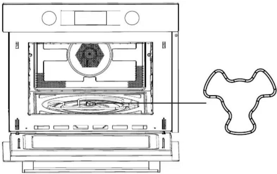 Technical line drawing of an oven with internal compartments and a separate outline of a garment pattern (no text or symbols)