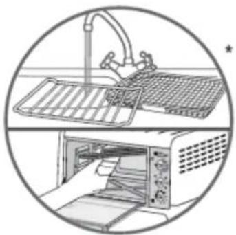 Illustration of a microwave oven with a rack-mounted dish and a front view showing the interior (no text or symbols)