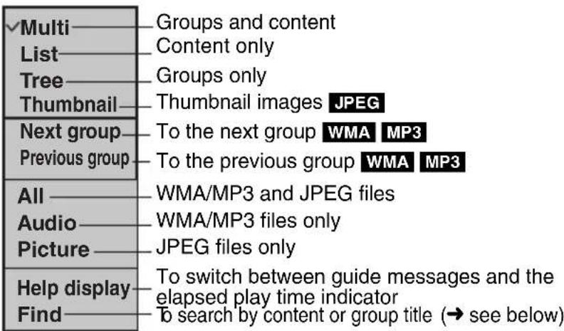 Multi——Groups and content List——Content only Tree——Groups only Thumbnail——Thumbnail images JPEG Next group——To the next group WMA MP3 Previous group——To the previous group WMA MP3 All——WMA/MP3 and JPEG files Audio——WMA/MP3 files only Picture——JPEG files only Help display——To switch between guide mes…