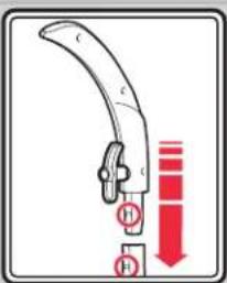 Diagram showing a tool with labeled parts and red downward arrows indicating direction or flow