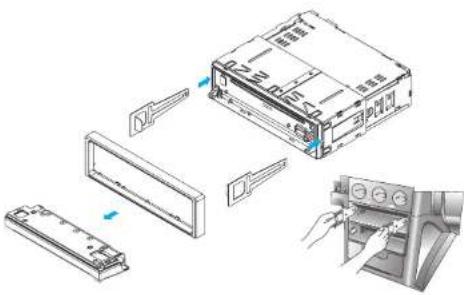 Technical diagram showing assembly steps of a device with labeled components and directional arrows indicating movement.