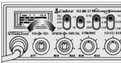 Cobra® 140 MHz ST Sound Tin MIN 2.5 CALY OFF VOL→SQL HFRIN→SWR CAL DYNAMIKE MIN MAX MIN MAX OFF MIN MAX MIN MAX