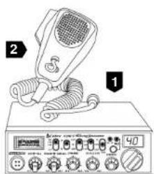 Diagram of a portable radio receiver with labeled parts 1 and 2, showing front panel and control buttons.