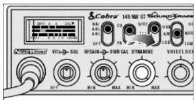 S Cobra 149 MW ST Soundwave VOL- SOL VOUTM-SWR CAL SYMMIKE VOICE LOCK OFF MAX MAX MAX