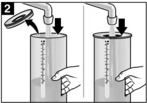 Diagram illustrating a laboratory procedure for measuring a graduated cylinder, showing hand positions and measurement setup.