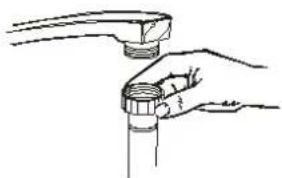 Line drawing of hands holding a faucet handle (no text or symbols).