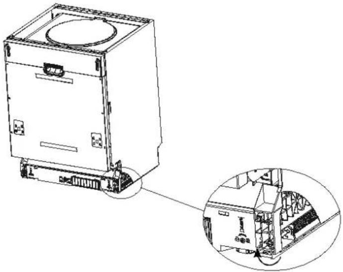 Technical line drawing of a front-loading washing machine with an inset close-up showing internal components (no text or labels).