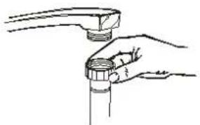 Line drawing of hands holding a pipe fitting (no text or symbols).