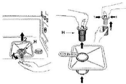 Technical diagram showing hand positioning and assembly steps of a device with labeled parts and directional arrows
