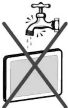 Safety warning symbol showing a faucet above a monitor with crossed-out lines indicating prohibition or exclusion.