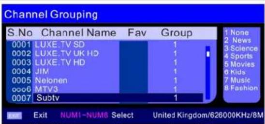 Channel Grouping S.No Channel Name Fav Group 0001 LUXE.TV SD 1 0002 LUXE.TV UK HD 1 0003 LUXE.TV HD 1 0004 JIM 1 0005 Nelonen 1 0006 MTV3 1 0007 Subtv 1 EXIT Exit NUM1-NUM8 Select United Kingdom/626000KHz/8M 1 None 2 News 3 Science 4 Sports 5 Movies 6 Kids 7 Music 8 Fashion