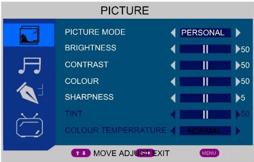 PICTURE PICTURE MODE BRIGHTNESS CONTRAST COLOUR SHARPNESS TINT COLOUR TEMPERATURE PERSONAL 50 50 50 5 50 NORMAL ↑ ↓ MOVE ADJUST EXIT MENU