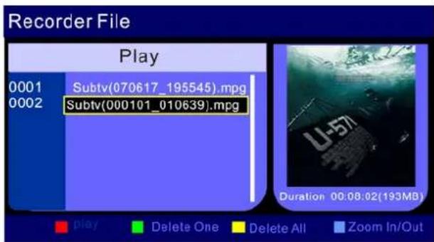 Recorder File Play 0001 Subtv(070617_195545).mpg 0002 Subtv(000101_010639).mpg Duration 00:08:02(193MB) play Delete One Delete All Zoom In/Out