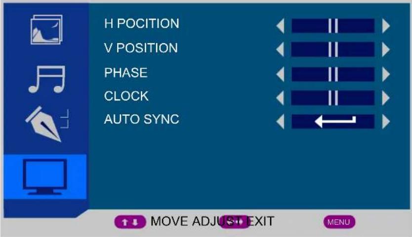 H POSITION V POSITION PHASE CLOCK AUTO SYNC MOVE ADJUST EXIT MENU