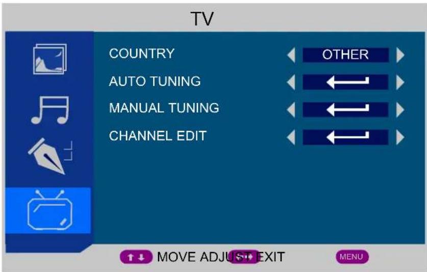 TV COUNTRY AUTO TUNING MANUAL TUNING CHANNEL EDIT OTHER MOVE ADJUST→EXIT MENU