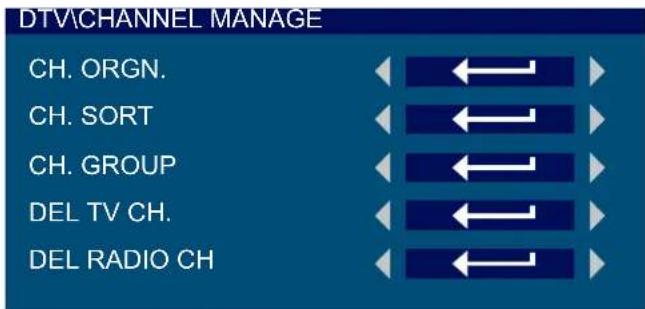 DTV\CHANNEL MANAGE CH. ORGN. CH. SORT CH. GROUP DEL TV CH. DEL RADIO CH