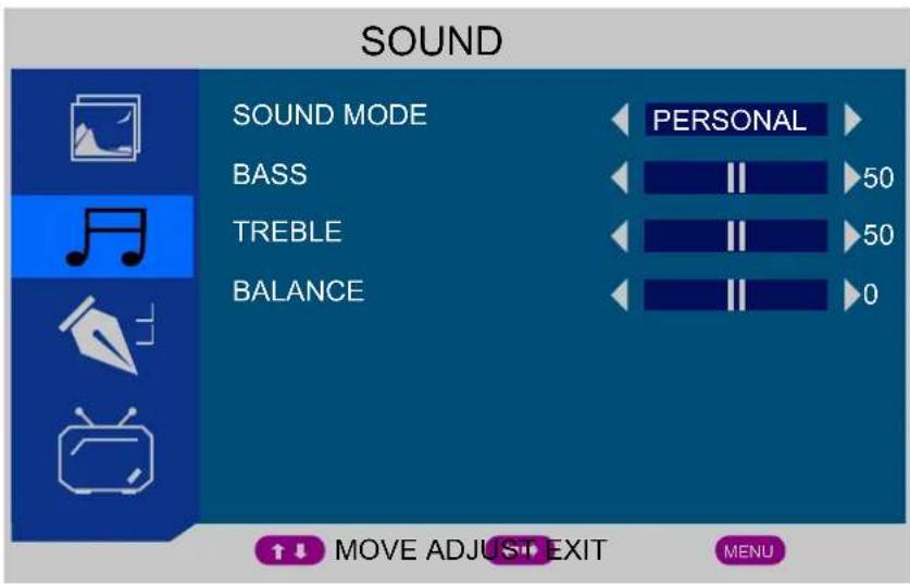 SOUND SOUND MODE BASS TREBLE BALANCE PERSONAL 50 50 0 MOVE ADJUST EXIT MENU
