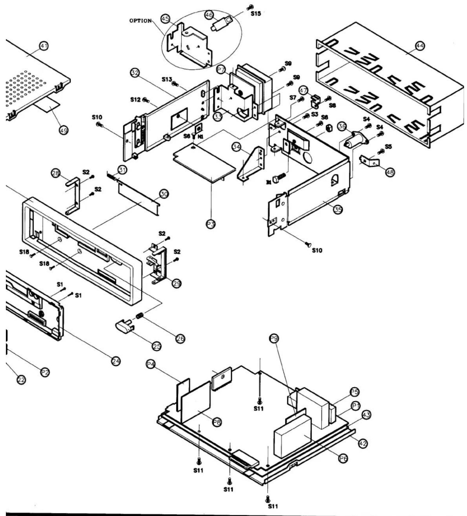 Exploded view diagram of a device with labeled components such as S1, S2, S3, and S15, showing assembly relationships and part numbers.