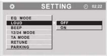 EQ MODE LOUD BEEP 12/24 MODE TA MODE RETUNE PARKING OFF ON 02:22