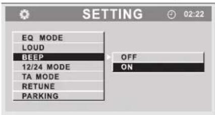 SETTING EQ MODE LOUD BEEP 12/24 MODE TA MODE RETUNE PARKING OFF ON 02:22