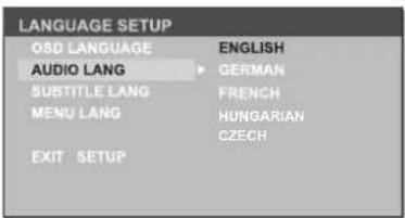 LANGUAGE SETUP OSD LANGUAGE AUDIO LANG SUBTITLE LANG MENU LANG EXIT SETUP ENGLISH GERMAN FRENCH HUNGARIAN CZECH