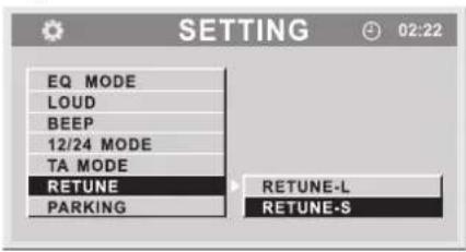 SETTING EQ MODE LOUD BEEP 12/24 MODE TA MODE RETUNE PARKING RETUNE-L RETUNE-S 02:22