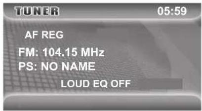 TUNER 05:59 AF REG FM: 104.15 MHz PS: NO NAME LOUD EQ OFF