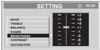 SETTING BASS TREBLE BALANCE FADER BRIGHTNESS CONTRAST SATURATION 02:22 +7 +5 +3 +1 -1 -3 -5 -7