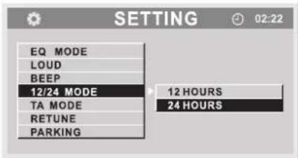 EQ MODE LOUD BEEP 12/24 MODE TA MODE RETUNE PARKING 12 HOURS 24 HOURS