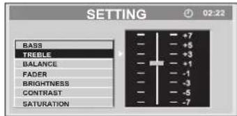 SETTING BASS TREELE BALANCE FADER BRIGHTNESS CONTRAST SATURATION 02:22 - +7 - +5 - +3 - +1 - -1 - -3 - -5 - -7