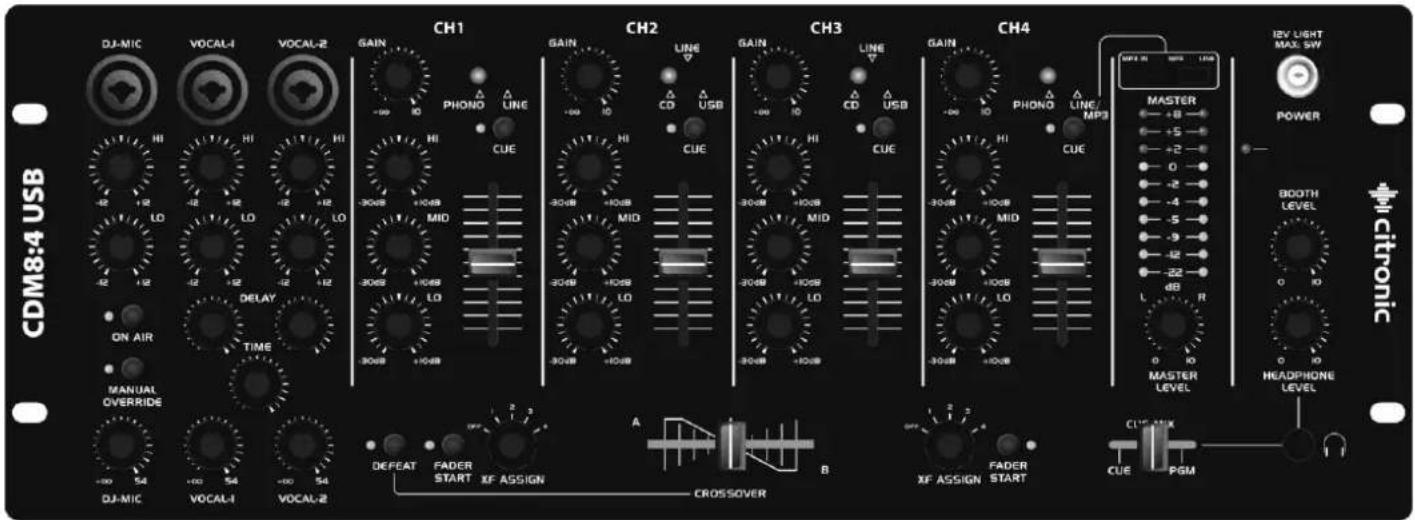 CDM8:4 USB DJ-MIC VOCAL-I VOCAL-Z CH1 CH2 CH3 CH4 EV LIGHT MAUL SW POWER BOOTH LEVEL HEADPHONE LEVEL Chronic DJ-MIC VOCAL-I VOCAL-Z DELAY TIME ON AIR MANUAL OVERRIDE DEFEAT FADER START XF ASSIGN CROSSOVER A B CUE PF 20 +5 -2 -4 -5 -3 -12 -22 R MASTER MP3 PHONO LINE/MP3 CD USB CD USB LINE LINE LINE LINE LINE LINE LINE LINE LINE LINE LINE LINE LINE LINE LINE LINE LINE LINE LINE LINE LINE LINE LINE LINE LINE LINE LINE LINE LINE LINE LINE LINE LINE LINE LINE LINE LINE LINE LINE LINE LINE