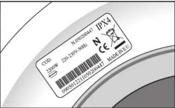 COD. 220W N:05020847 IPX4 220-230V.50Hz N CE 0905012211050200447 MADE IN E.U