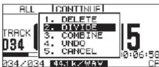 ALL [CONTINUE] 1. DELETE 2. DIVIDE 3. COMBINE 4. UNDO 5. CANCEL TRACK 034 034/034 44:1K/WAV 10:06:58 CE