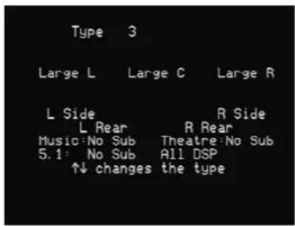 Type 3 Large L Large C Large R L Side R Side L Rear R Rear Music: No Sub Theatre: No Sub 5.1: No Sub All DSP ↑↓ changes the type