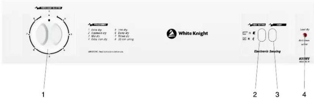 White Knight 1 2 3 4 5 6 7 8 9 10 Extra dry 9. Limit dry 2. Cupboard dry 6. Dump dry 3. Mid dry 7. Tinned dry 4. Extra iron dry 8. 10 cm airing OFFICE: heat extraction before use. LED Climate 2 3 Lead dry Anti-heat after Electronic Sensing 831WV switched in