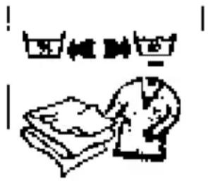 Simple line drawing showing a person washing clothes with a bowl above, likely illustrating a washing or laundry procedure.
