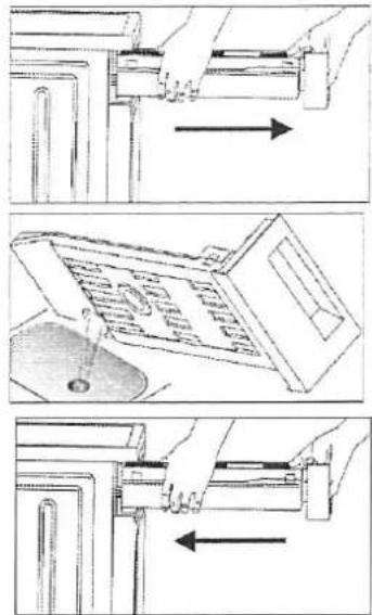 Technical diagram showing three-step installation of a device with arrows indicating direction of movement.