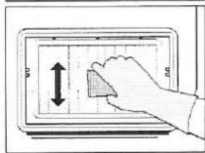 Diagram showing a hand pressing a small object on a screen with measurement arrows and grid lines, likely illustrating a digital interface or UI component.