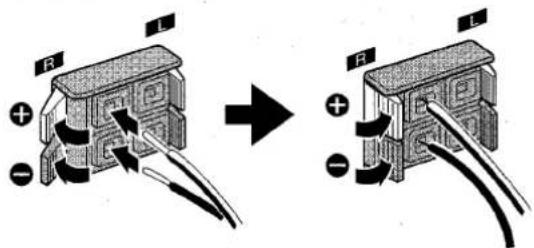 Diagram showing two electrical connector configurations with labeled terminals (R, L) and polarity indicators (+/-)