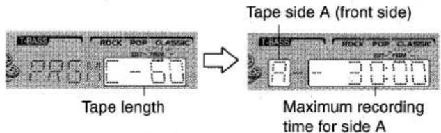Tape length Tape side A (front side) Maximum recording time for side A