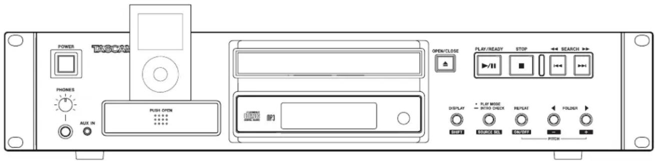 POWER TASCAR PHONES AUX IN PUSH OPEN OPEN/CLOSE PLAY/READY STOP ↔ SEARCH → ▶/II DISPLAY → PLAY MODE → INTO CHECK REPEAT FOLDER SHIFT SOURCE SEL ON/OFF PITCH